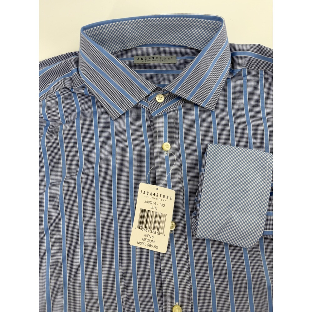 Jack Stone by Thomas Dean Mens Blue Striped Gingham Dress Shirt Med 100% Cotton